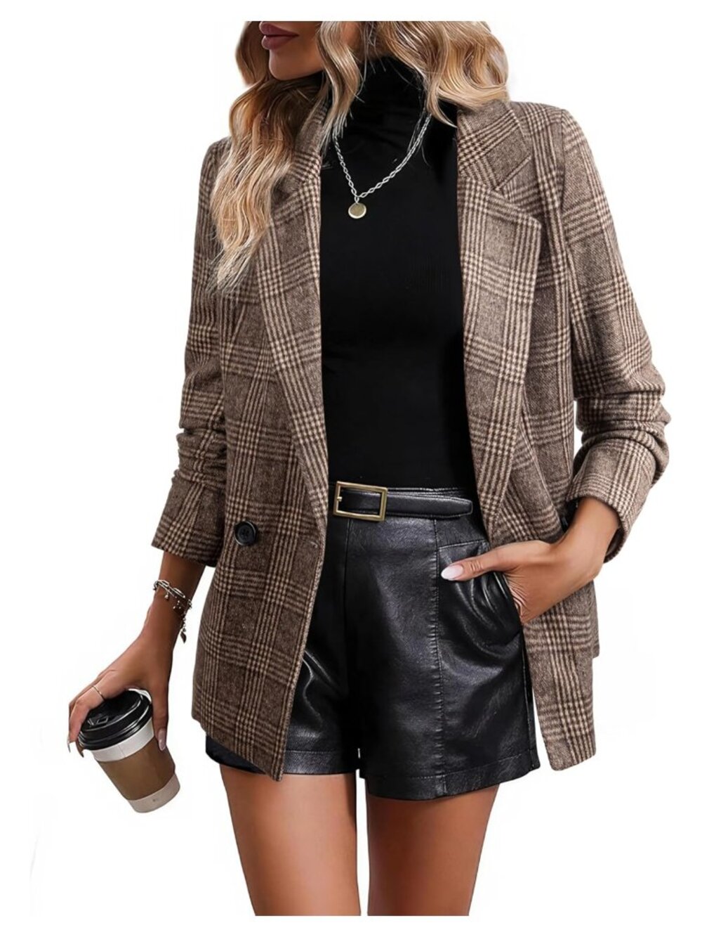 Plaid Blazer Classic Lapel Collar Double Breasted Open Front Work Suit with